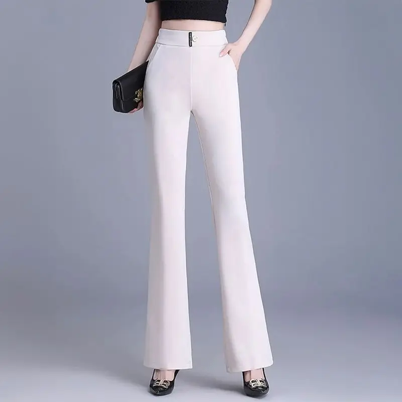 Women's 2024 Summer Flare Pants Commute Solid Color Breathable Button Pockets Straight High Waisted Elastic Slim Casual Trousers