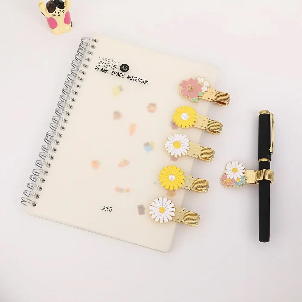Cherry Blossom Daisy Pen Holder Metal Bookmark Spring Pen Clips Secure Grip Adjustable Pen Holder Clip Stationery Supplies
