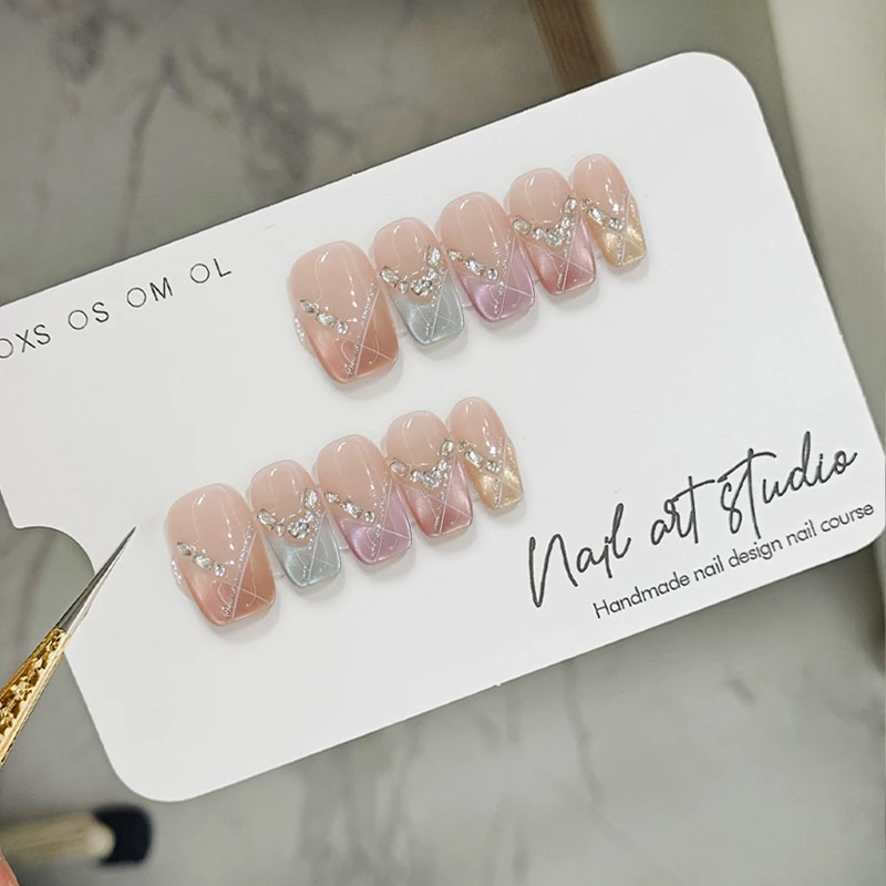 

10Pcs Cat Eye Handmade Press on Nails Candy Color Fake Nails Wearable Stick-on Nails Full Cover False Nail Накладные Ногти 네일팁