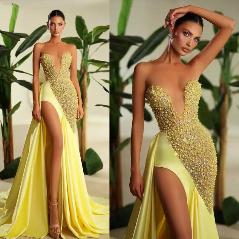 

Light Yellow Prom Dresses Mermaid Sleeveless With Full Crystals Sequins Floor-Length High Slit Formal Occasion Dress Customized
