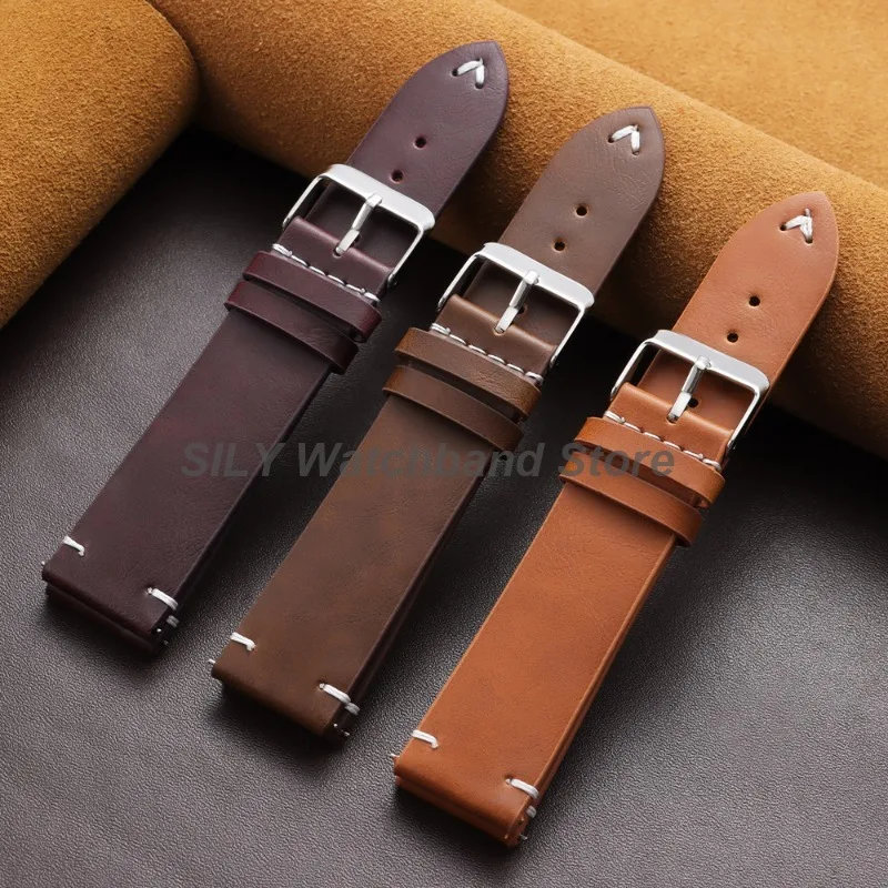 Leather WatchBand 18mm 20mm 22mm Universal Men Women Handmade Retro Oil Wax Leather Sport Strap Soft Quick Release Bracelet Belt image 2