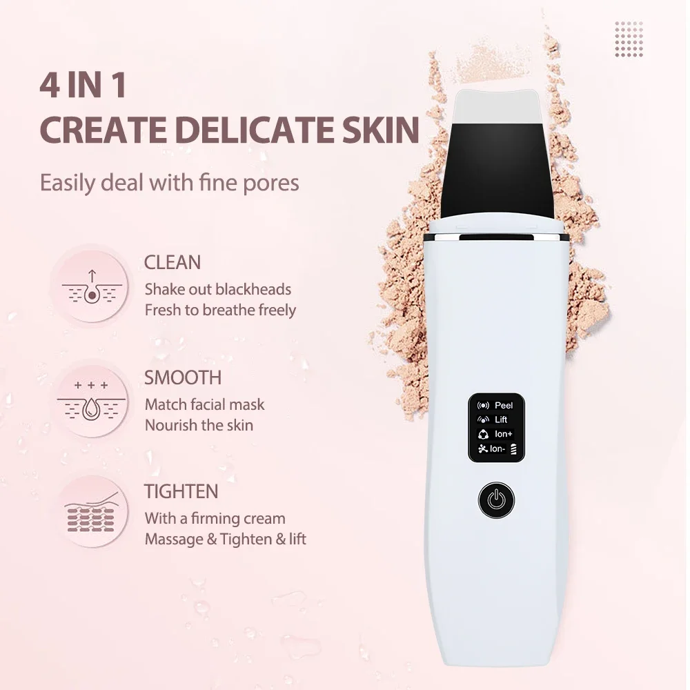 Ultrasonic Skin Scrubber Blackhead Remover Facial Cleanser 4 โหมด Peeling Shovel Face Lifting เครื่องมือ Ems Spatula ทําความสะอาดลึก