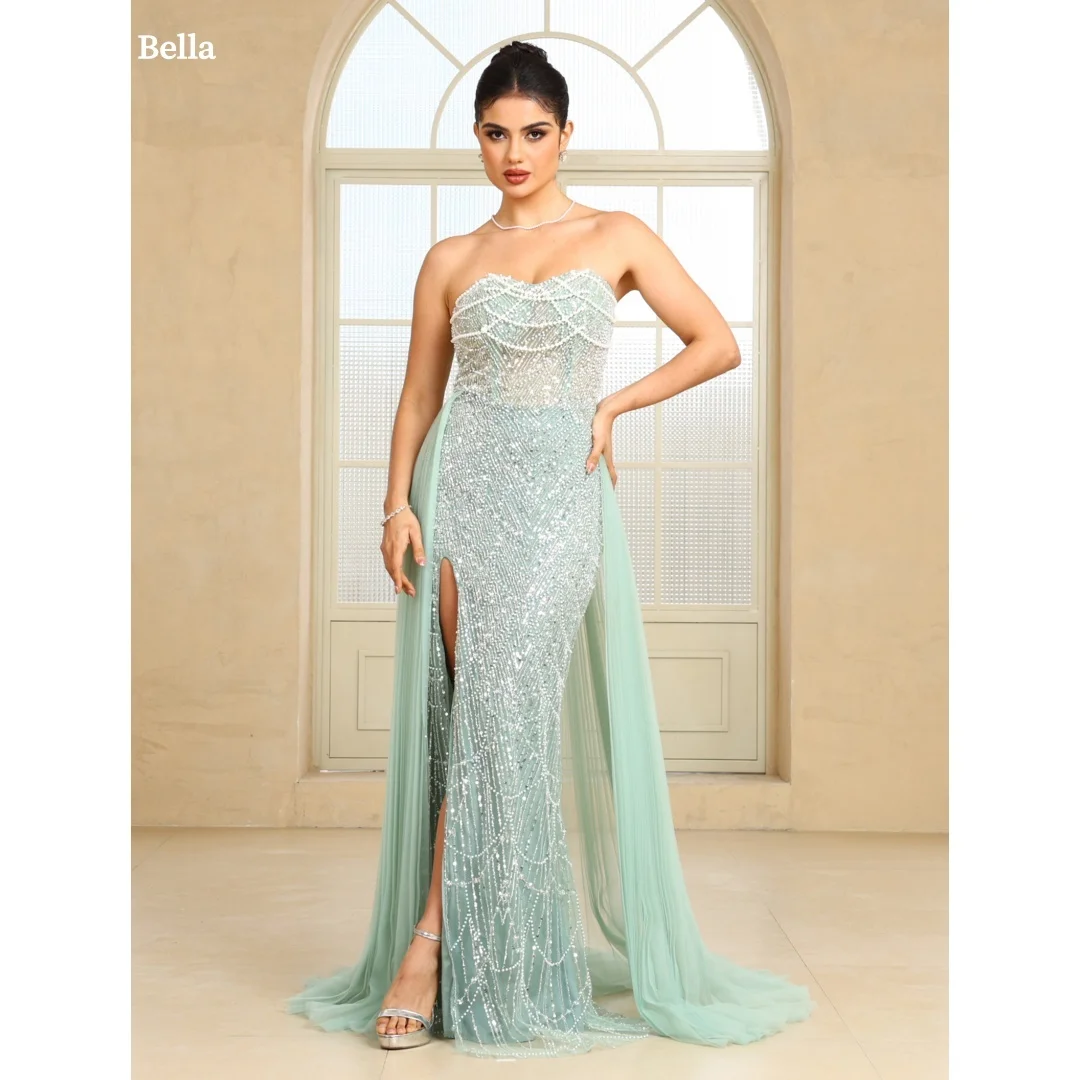 

Bella Индивидуальные зеленые вечерние платья с бисером и блестками, вечерние платья без бретелек с разрезом по бокам и открытой спиной, платье для выпускного вечера длиной до пола, 2025 г.