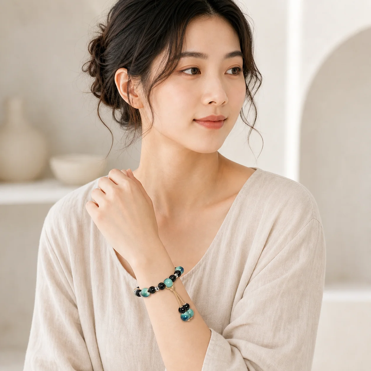 Green Melon Bead Handmade Ceramic Bracelet with Braided Wax Cord Pendant Detail and Metal Accessories Y260719-03