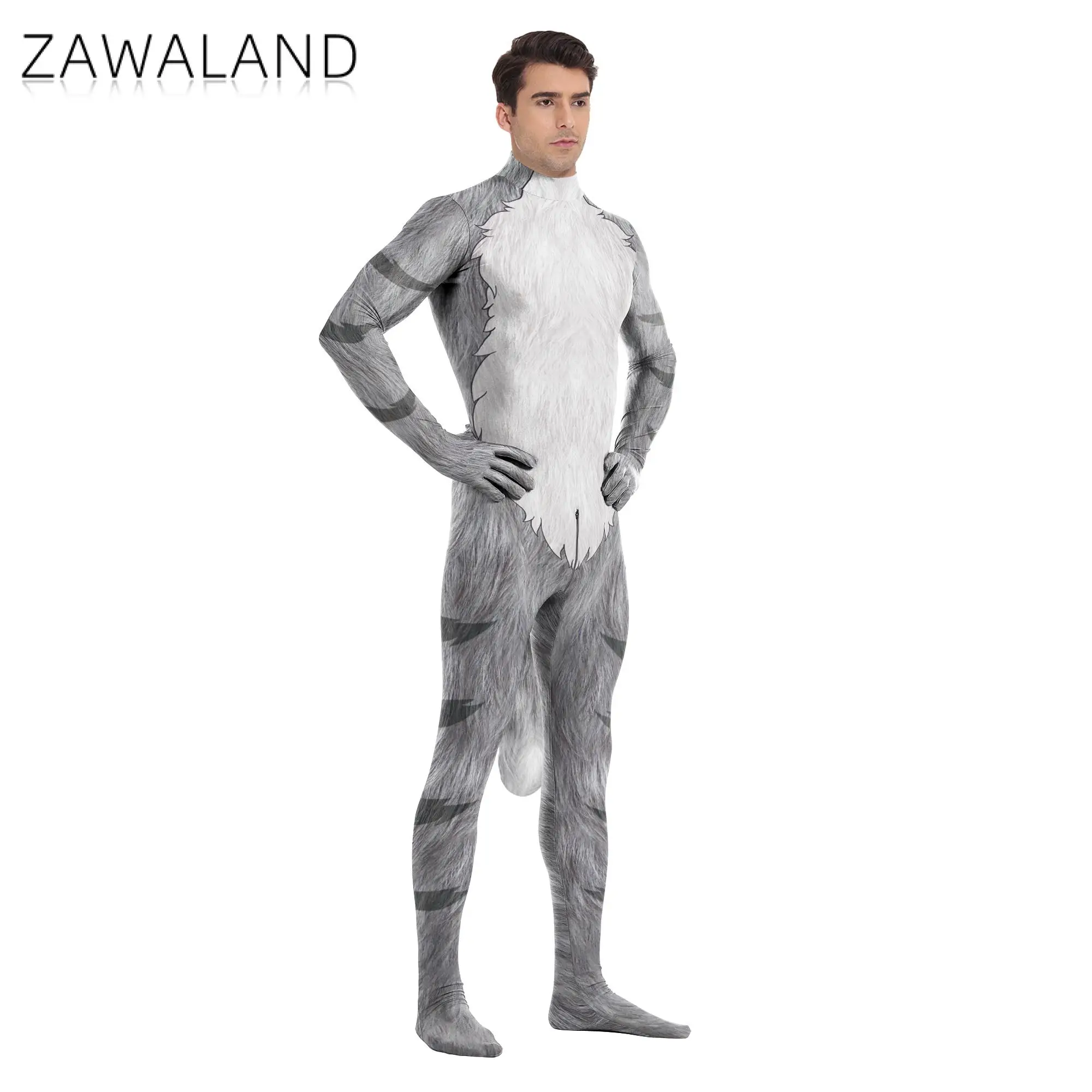 Zawaland 3D Texture พิมพ์สัตว์คอสเพลย์ผู้ชายบอดี้สูทหางเป้าซิปผู้หญิง Jumpsuits Catsuit ชุด Zentai