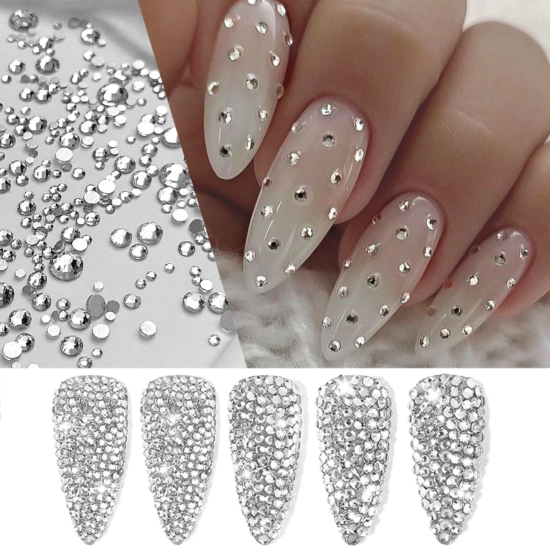 1440PCS Multi-size Crystal Nail Rhinestones Flat Bottom Clear Jewel Gems DIY Nail Art Decorations Strass Stones