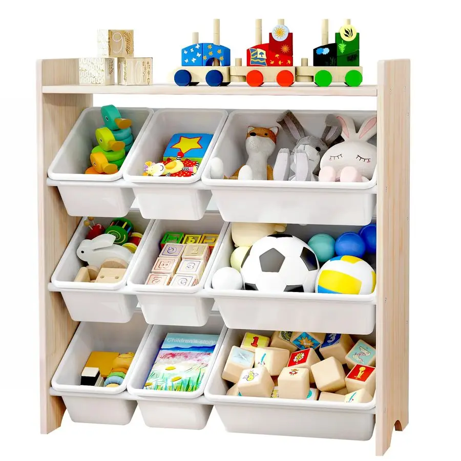

Kids Toy Organizer with 9 Bins 4Tier 100 Solid Wood Storage Shelf for Playroom or Nursery, Natural Wood Kids Storage Cabinet
