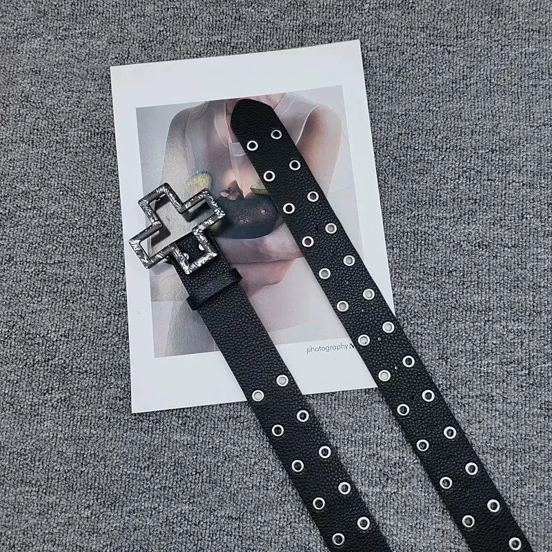 Gothic Cross Buckle Double-Row Eyelet PU Leather Belt, Punk Y2K Hollow Metal Cross Waist Strap, Jeans and Skirt Waistband
