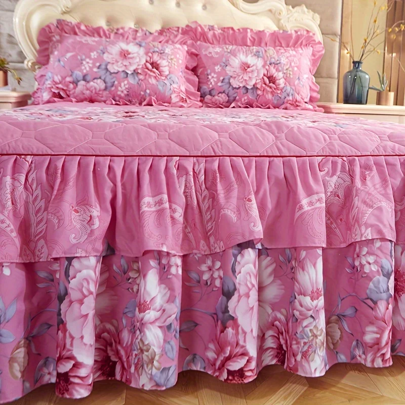 3pcs Layered Macrame Bed Skirt Set (Bed Skirt *1+ Pillowcase*2, Without Core), Flower Printed All Seasons Universal Non-slip Bed