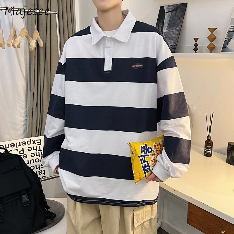 Striped Black T-shirts Men Preppy Stylish College Long Sleeve Harajuku Japanese Handsome Casual Baggy All-match Streetwear Cool