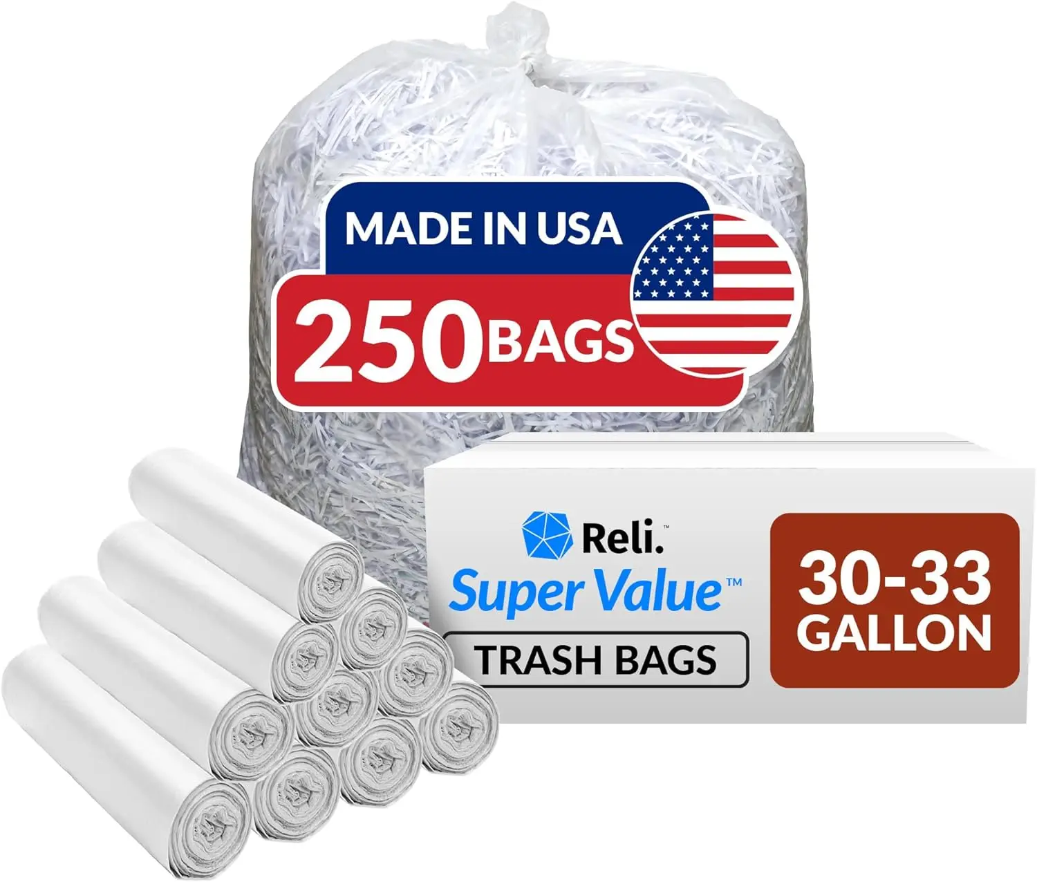 

Heavy Duty 30-33 Gallon Trash Bags, 250 Count Bulk Clear Large Garbage Bags Made in USA