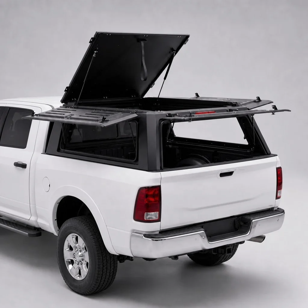 Truck Bed Camper Shell  for 2500 hd Steel Manual Waterproof Key Lock 4-Door Mid-height Hard Type with No-Drill Installation