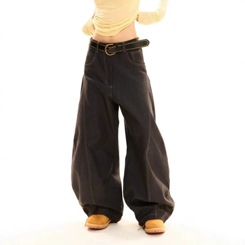 

American Retro Scimitar Design Black Jeans for Women, Loose Fit, Draped, Floor-Length Wide-Leg Pants