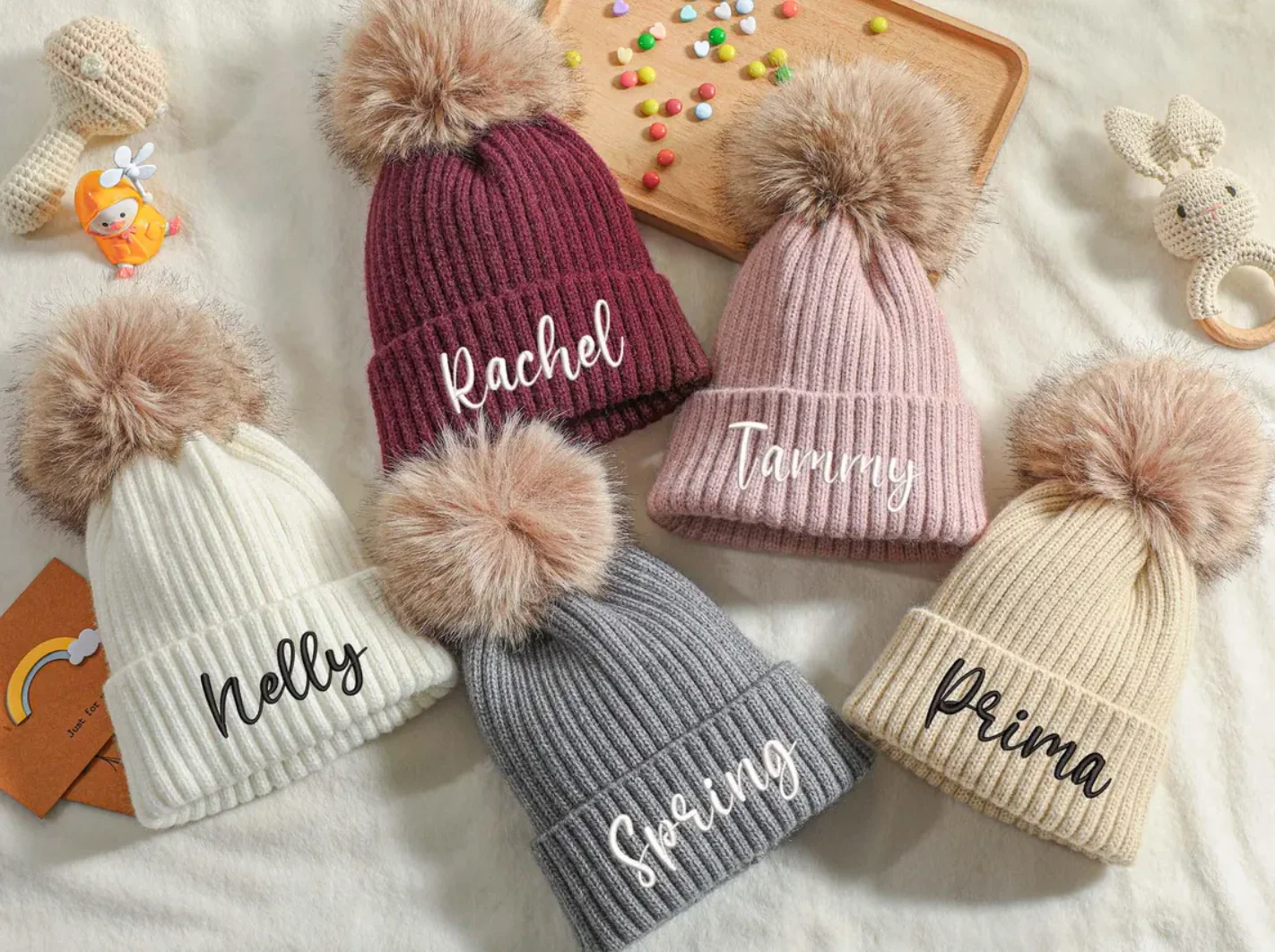 

Personalized Baby Beanie Hats, custom name Embroidered pompom Knit Beanie with Name for Infants Toddlers Girls BoysBirthdayGift