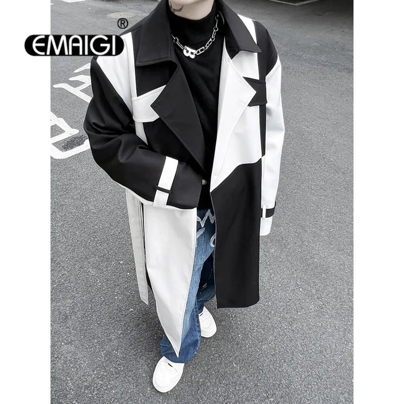 Rede masculina celebridade streetwear moda preto branco splice solto casual jaqueta longa blusão trench coat masculino roupas de palco