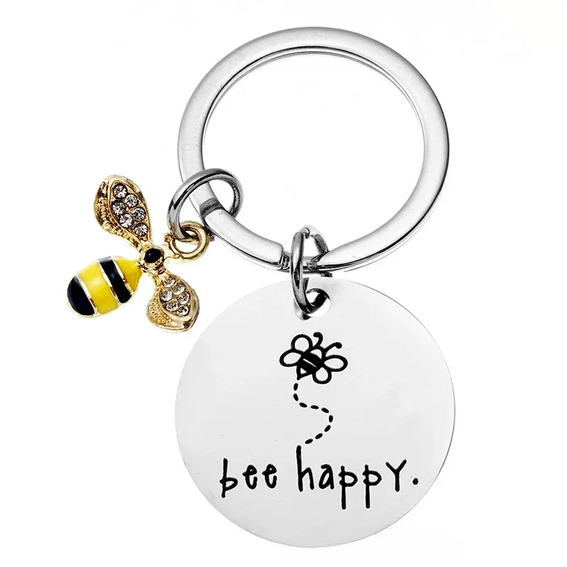 Cute Cartoon Bee Keychains Funny "bee happy" English Word High Quality Stainless Steel Key Chain Small Gift