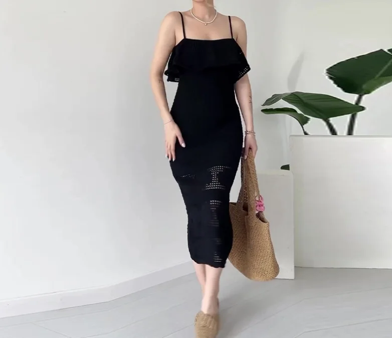 

Evening Dresses Women's Simple Commuting Pure Desire Wind Tea Break French Fashion Hollow Out Slimming Strap Vacation Long Dress