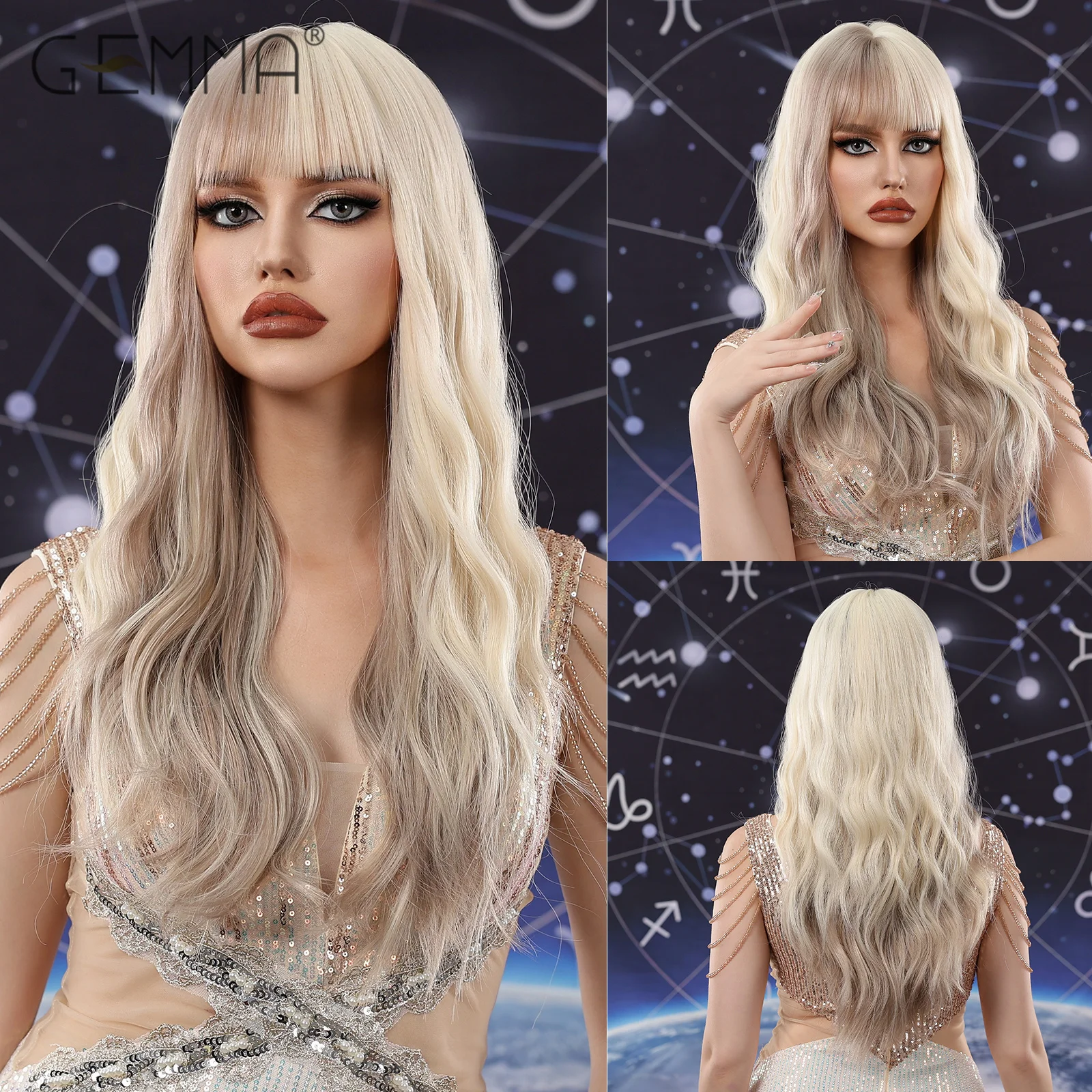 Gray Ash and Blonde Long Wavy Curly Synthetic Wig with Bangs Cosplay Halloween Fake Hair Two Tone Wigs for Women Heat Resistant