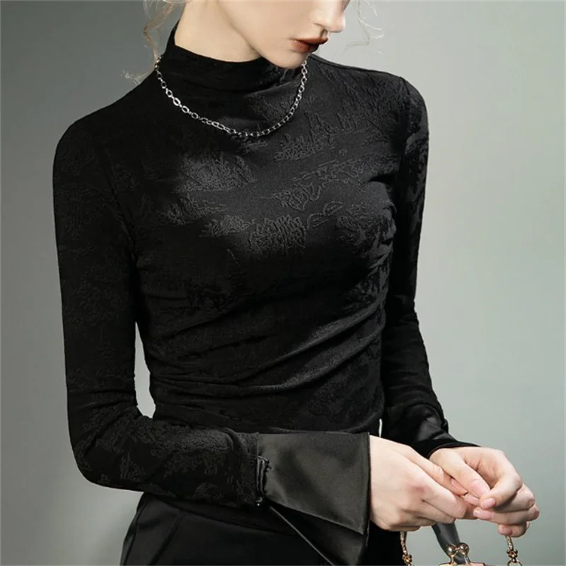 عالية الرقبة التي شيرت قاعدة بلايز السيدات تي شيرت أسود التقليدية الصينية طويلة الأكمام تي شيرت ملابس داخلية أعلى متوهج الأكمام كوع تي أنثى