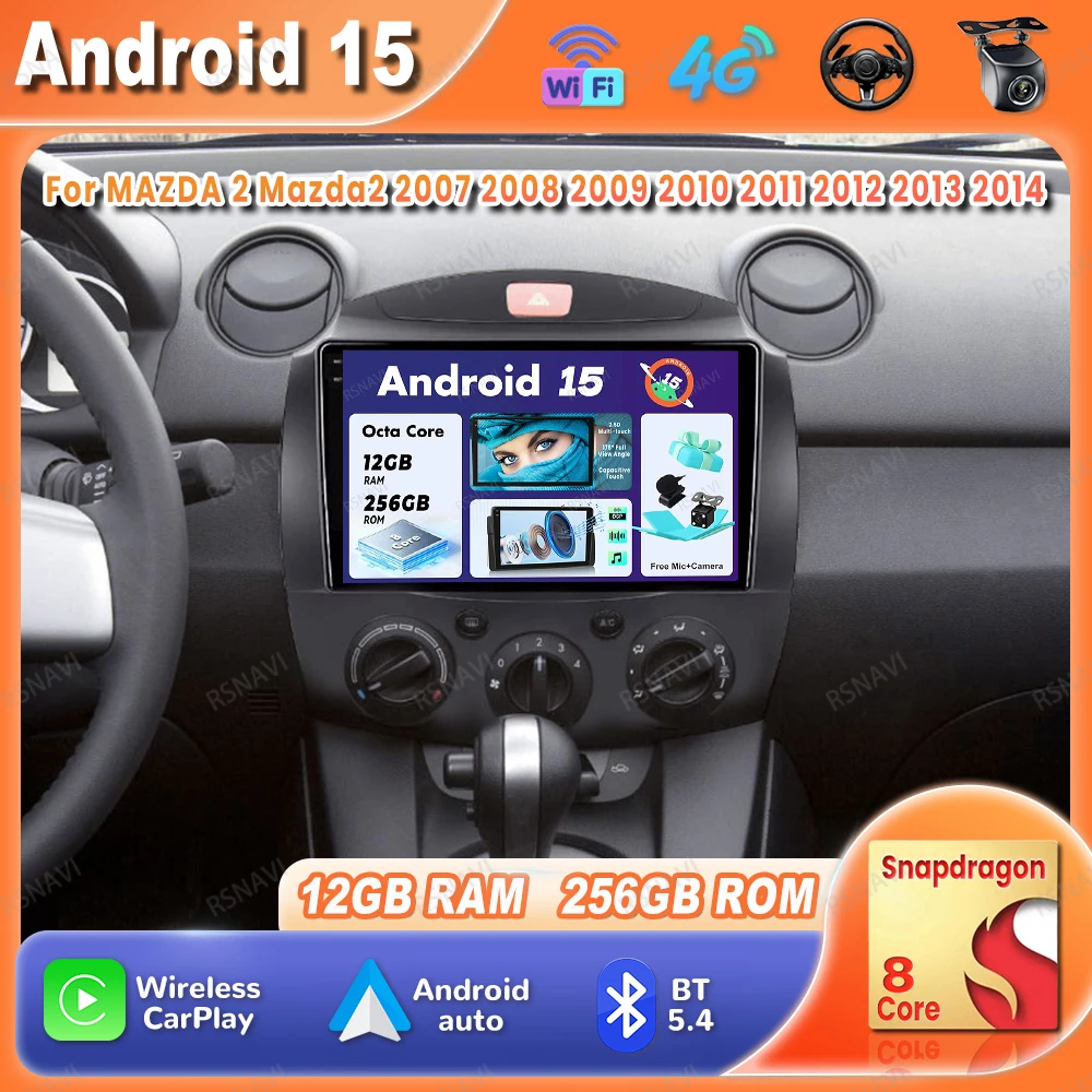 

Car Radio Android 15 For MAZDA 2 Mazda2 2007 2008 2009 2010 2011 2012 2013 2014 BT Qualcomm Wireless Carplay Auto QLED Autoradio