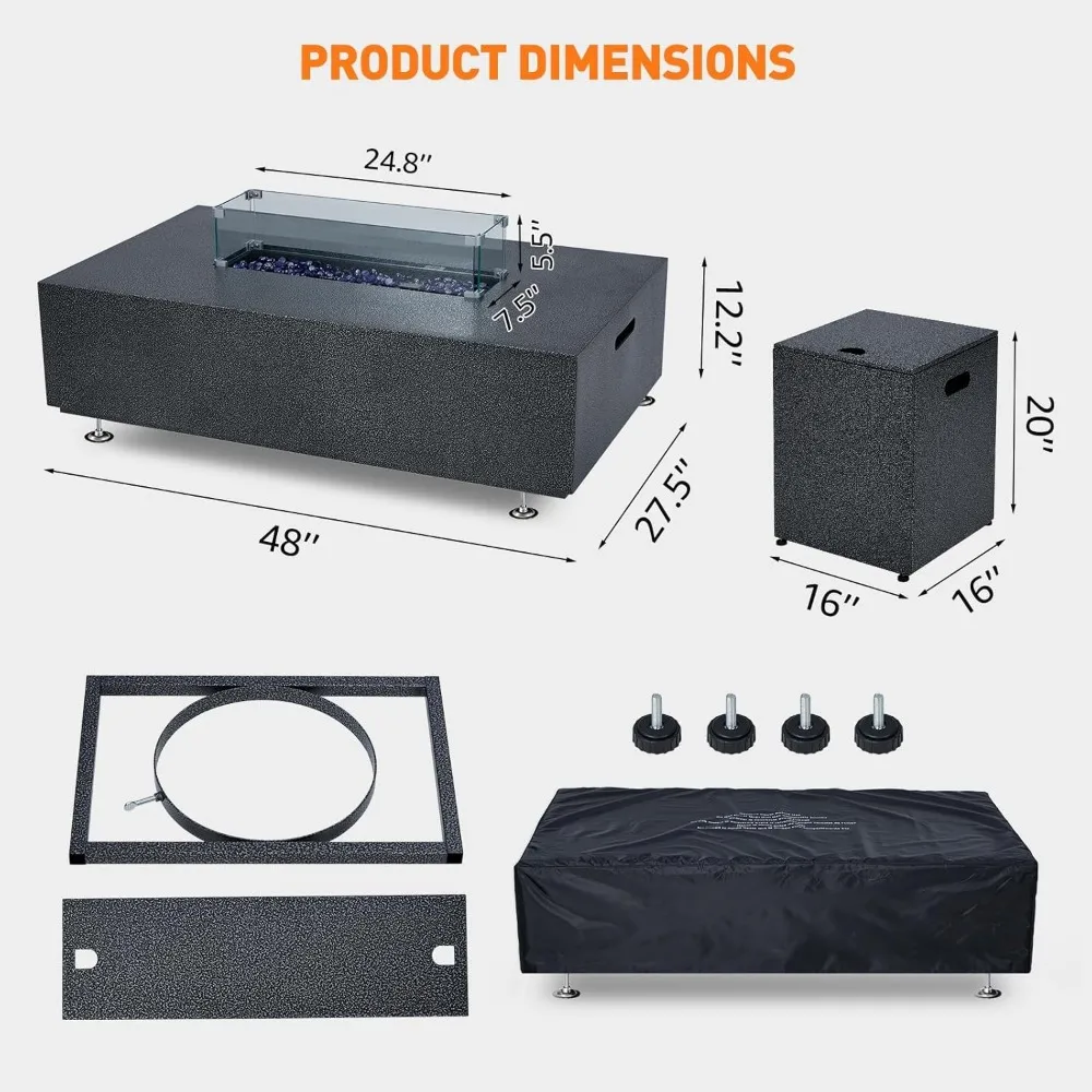 Outdoor fire table, 48 "rectangular propane gas fire pit table,modern fire pit, tank lid side table, fireproof glass, rain cover