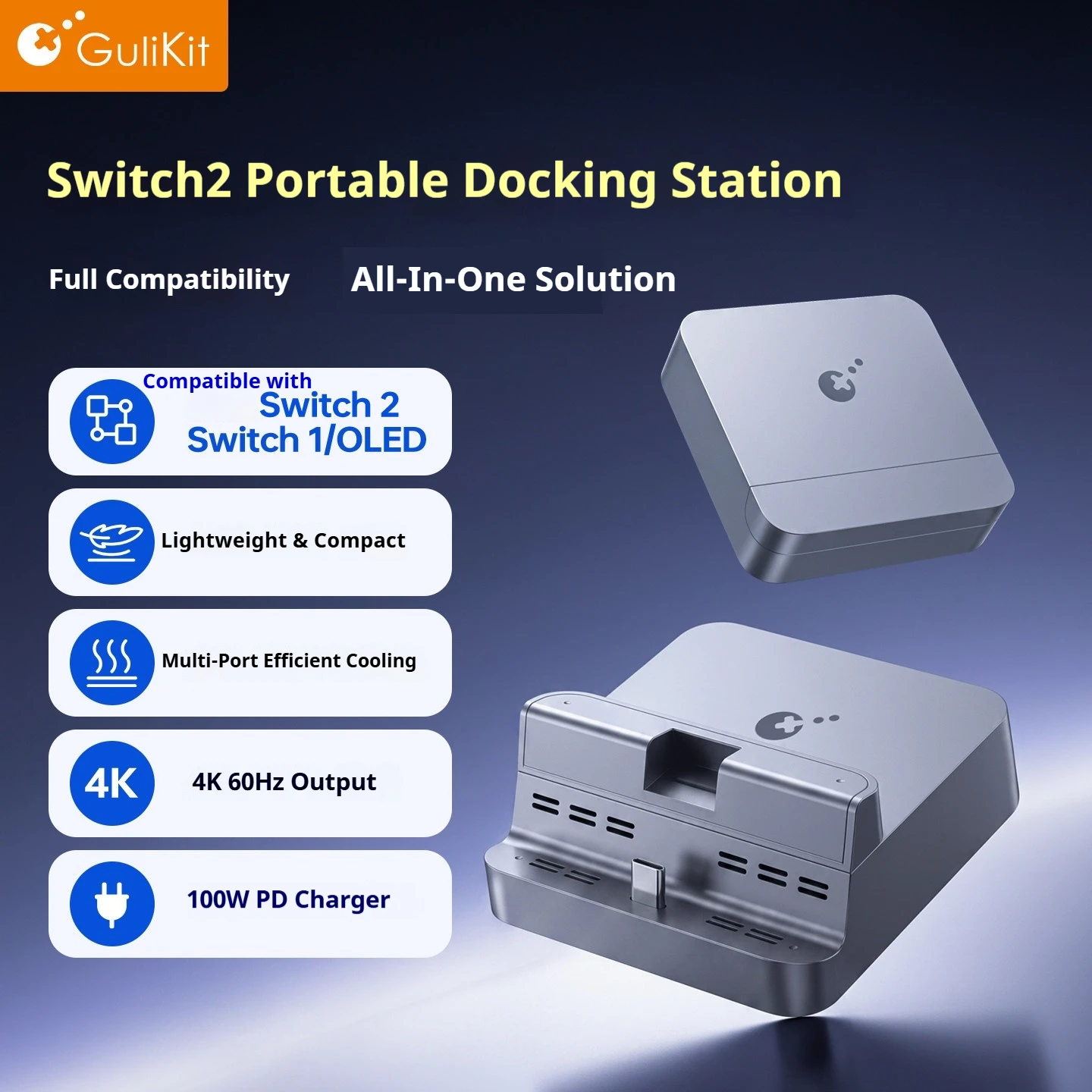 Stacja dokująca Gulikit Switch, przenośna, wieloportowa, wyjście 4K 60Hz HDR, ładowanie 100W PD, kompatybilna z Nintendo Switch 2 OLED. — zdjęcie produktu 2