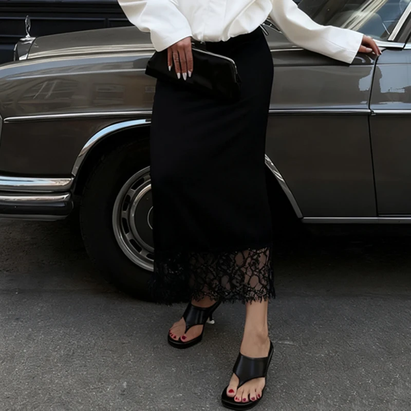 أنيقة الدانتيل المرقعة الساتان تنورة الجنية Coquette المرأة عالية الخصر الحرير ماكسي تنورة شيك موضة مثير سبليت تنورة نادي الطرف #6