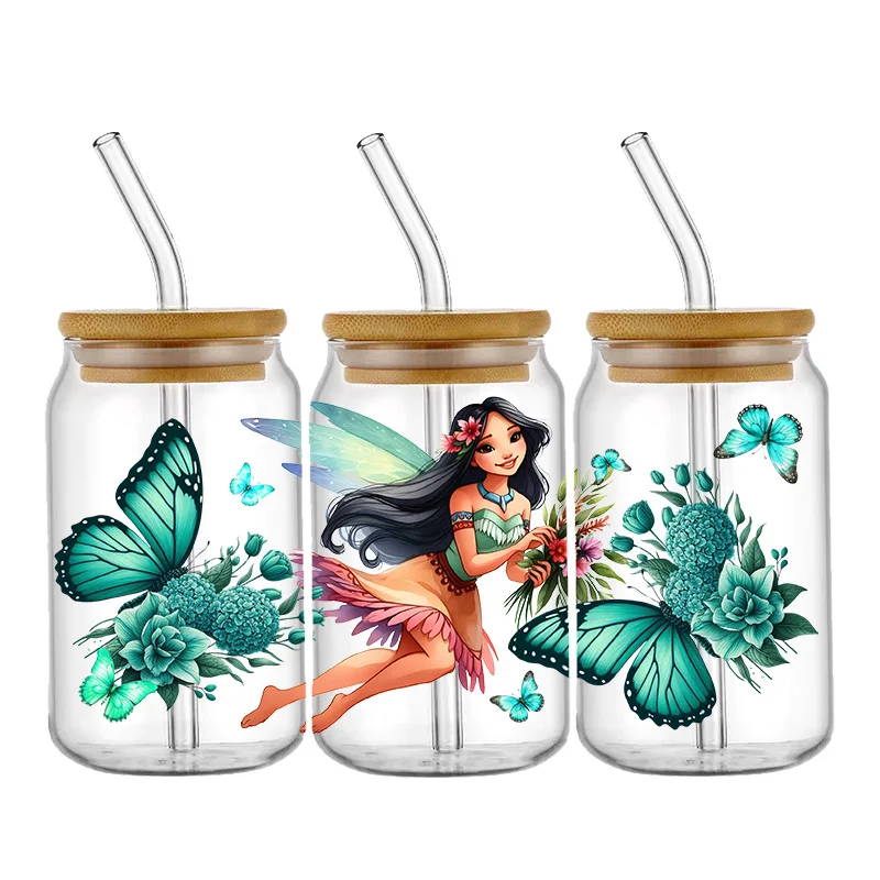Stiker Transfer Kupu-kupu Lucu Putri Disney Stiker Pembungkus Mug DTF UV Tahan Air Stiker Pembungkus 3D DIY untuk Kaca Libbey 16Oz