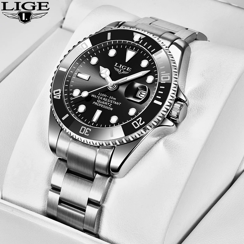 

Часы наручные LIGE Мужские кварцевые, Модные Роскошные Спортивные Повседневные стальные, в стиле милитари, с большим циферблатом и коробкой