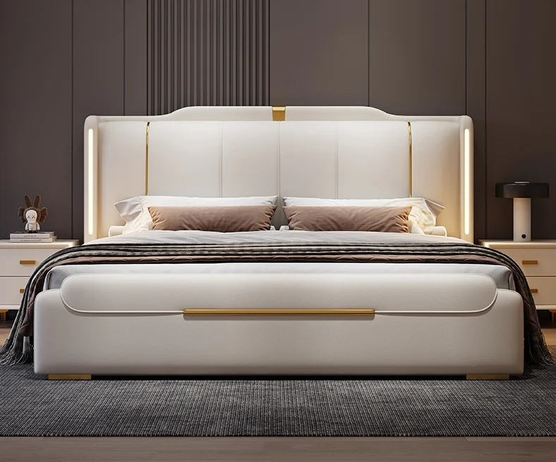 Wholesale Modern King Size Microfiber Leather Bed Luxury Bedroom Furniture Set Wooden Frame Soft Upholstered Beds Led Light - view 3