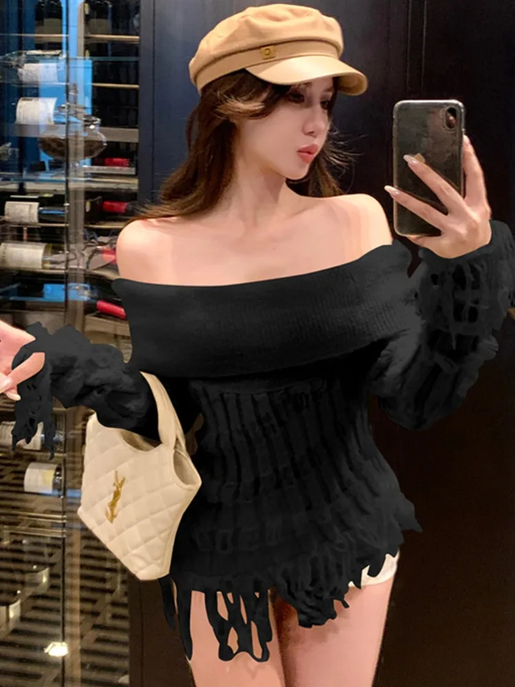 Coreano Sle Lungo Sve Scava fuori Top lavorato a maglia Faion Nappa Trim oulder Baring di media lunghezza Autunno Inverno irt