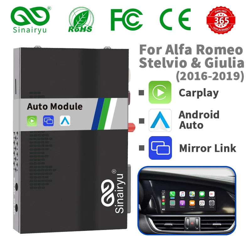 Sinairyu Auto Wireless CarPlay Android Auto for Alfa Romeo Stelvio & Giulia 16-19 Models