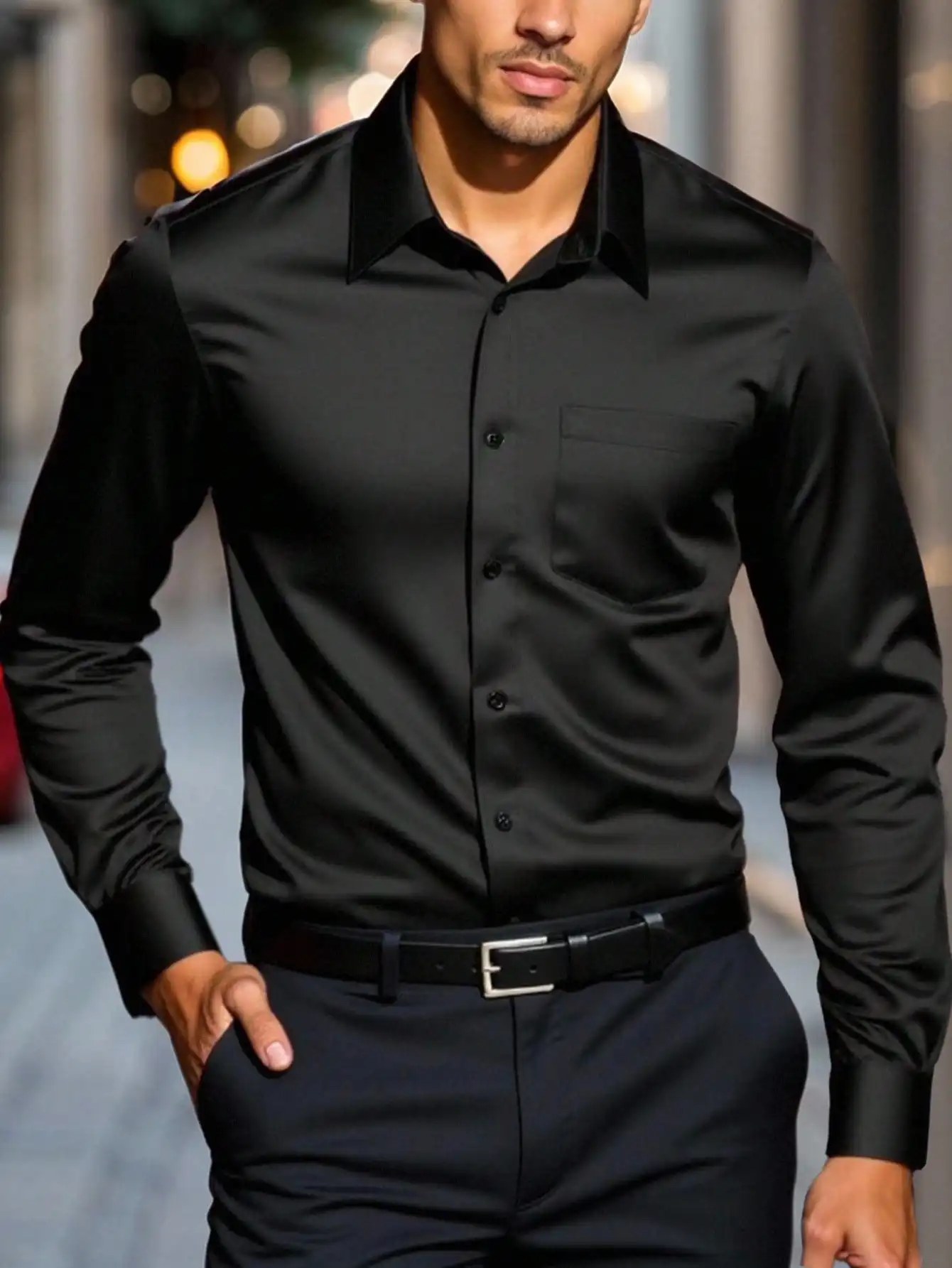 

Men's Slim Fit Black Long Sleeve Dress Shirt, Business Casual Button Down for Office or Evening Wear