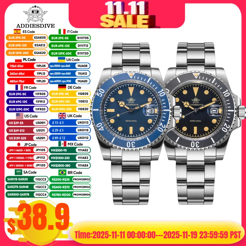 

ADDIESDIVE Men's Watch Quartz Calendar Window 316L Stainless Steel Ceramic Bezel 20Bar Waterproof Luminous Watches 41mm