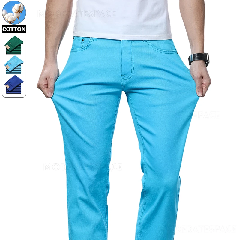 Spring Stretch Cotton Jeans Men's Fashion Korean Style Slim Straight Casual Denim Pants Work Daily Business Colorful Pants