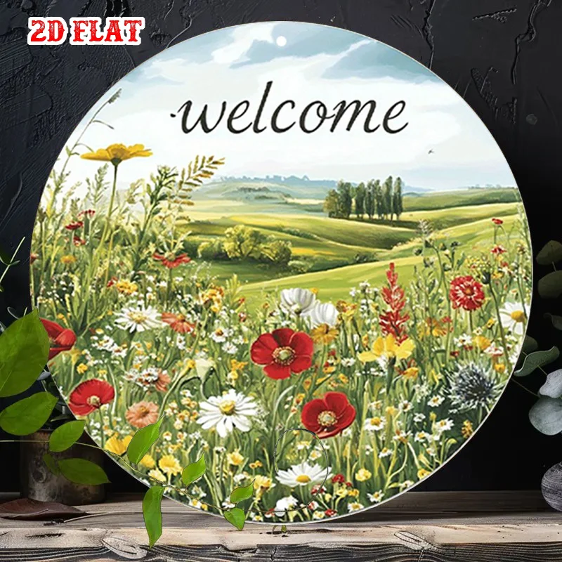 2D Flat, 1pc Rustic Round Metal Wall Art Sign - Vintage Floral Meadow & Design with Welcome Greeting, 19.81x19.81cm, Durable Iro