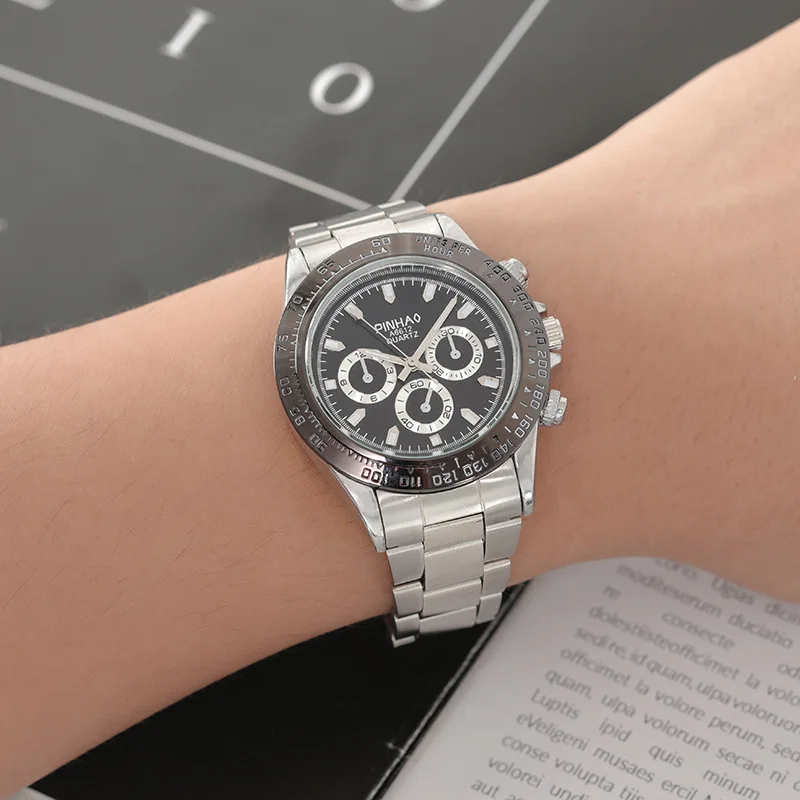 Hot Sale Business Casual Alloy Steel Belt Three-Eye Quartz Men's Lady Couple Watch Spot Goods