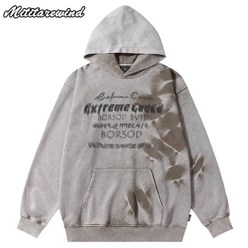 New Arrival Autumn Hoodies Men Hip Hop Streetwear Distressed Tie-dye Letter Printed Hooded Sweatshirt Men Pullover Hoodies