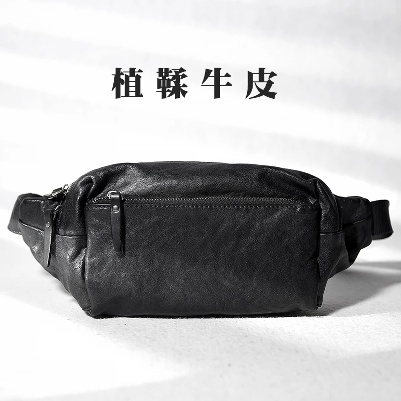 fashion casual designer vegetable tanning cowhide men's black chest bag outdoor travel luxury genuine leather crossbody bag
