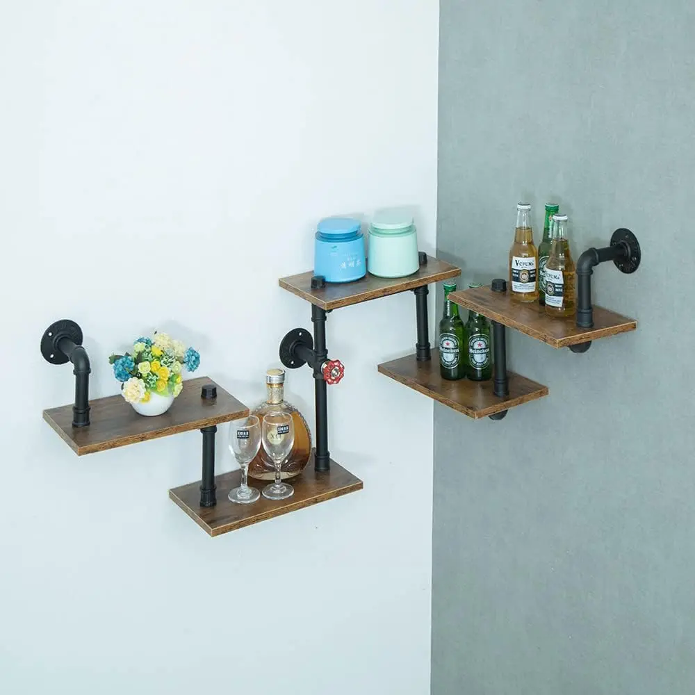 Industrial Pipe Shelving, Pipe Shelves with Wood Planks, Floating Shelves Wall Mounted, Retro Rustic Industrial Shelf for Bar Ki