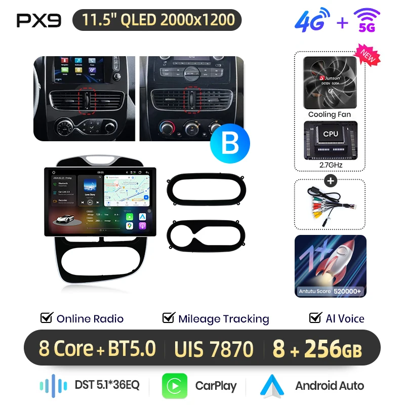 AWESAFE 10 inch Android autoradio voor Renault Clio 4 2012-2019, draadloze CarPlay, GPS-navigatie, 4G CAN-BUS, plug-and-play, DSP, BT