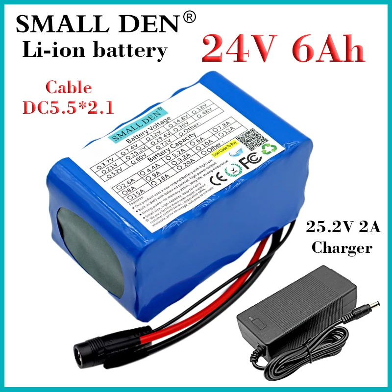 24V 6Ah 6000mAh 18650 lithium Battery pack 6S3P 0-350W motor For Electric bicycle scooter mower toy battery BMS+25.2V 2A Charger