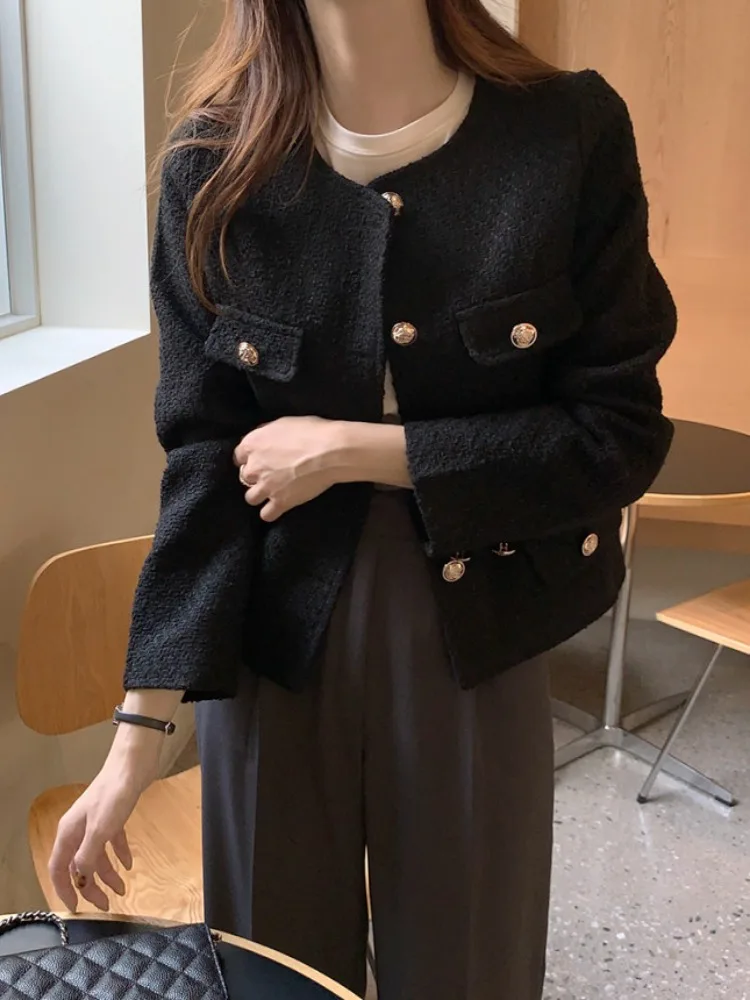 

Chic round Ne ort Outerwear Women's Loose Fit Decorative Button Ele Sle Pure Color Single Piece Autumn Faion