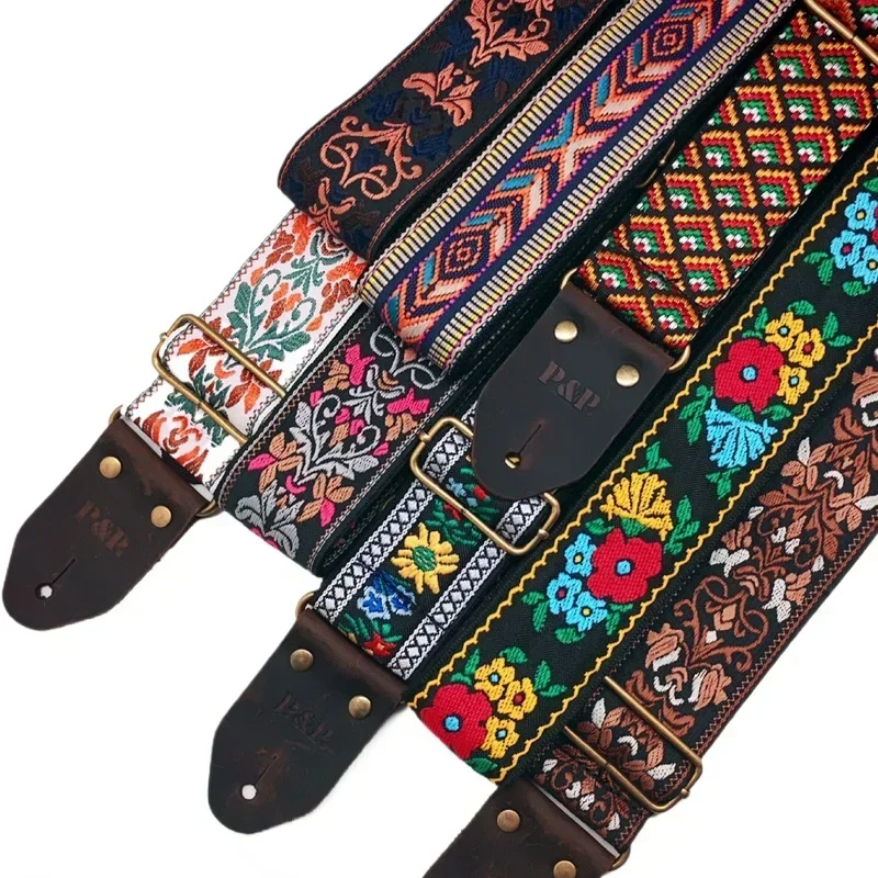 New Ethnic Style Jacquard Leather Guitar Strap for Folk Electric Acoustic Guitar Ukulele Bass Guitar Accessories