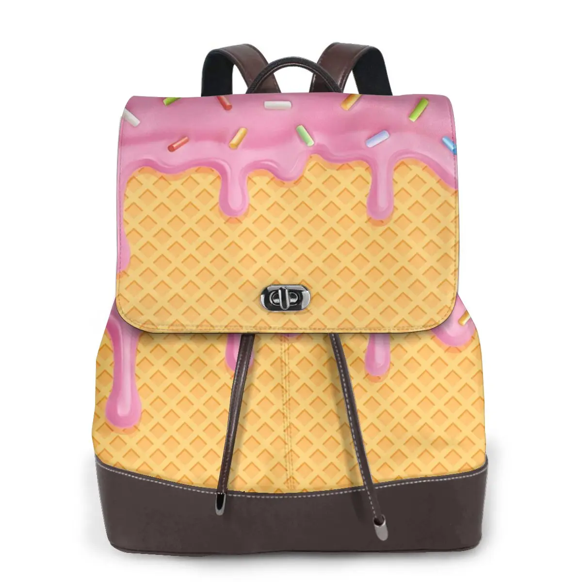 Strawberry Ice Cream Women Soft Leather Backpack Large Capacity Multi Pockets Work Travel Ladies Casual Rucksack