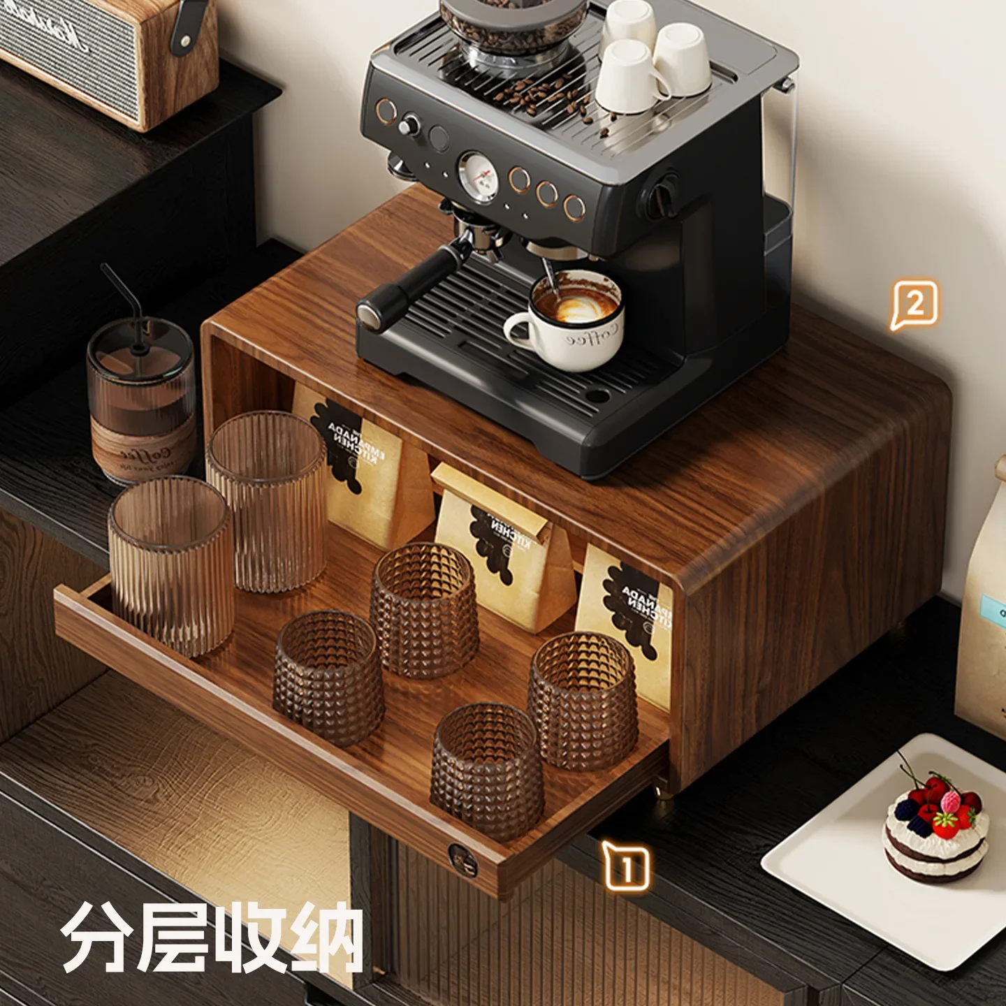 Solid wood cup storage rack desktop coffee machine kettle storage cabinet multi-layer dustproof water cup tea set