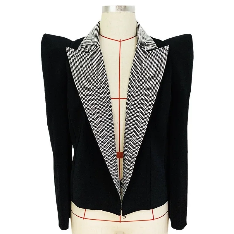 2024 nieuwste modeshow designer jas dames stijlvolle piek schouder strass diamanten kralen blazer