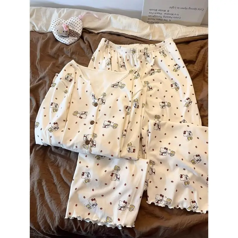 

Sanrio Hello Kitty пижамы, комплект из 2 предметов, кавайная женская зимняя теплая одежда для сна с героями мультфильмов, брюки с длинными рукавами, ночная рубашка, домашняя одежда, новинка