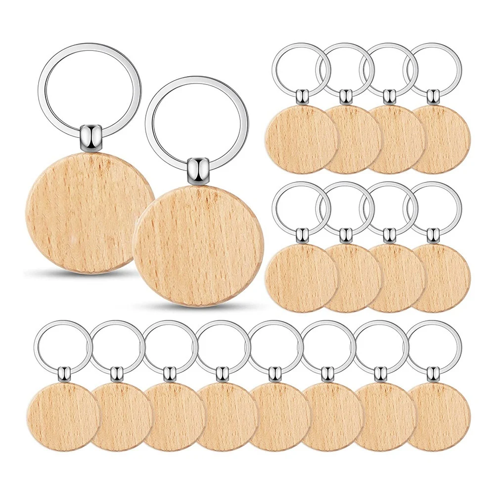 100Pieces Wooden Keychain Blanks Bulk Round Wood Engraving Blanks Unfinished Wooden Key Ring Key Tag B