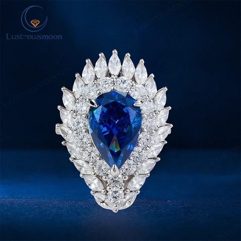 

Royal Blue CZ Created Stone Luxury Women's Finger Rings for Party Pear Cut Noble Lady Vintage Style Accessories Gorgeous Gift